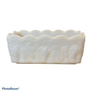 Fire King Anchor Hocking Milk Glass Planter 8"x 3 3/8" Rectangle Grapes & Leaves